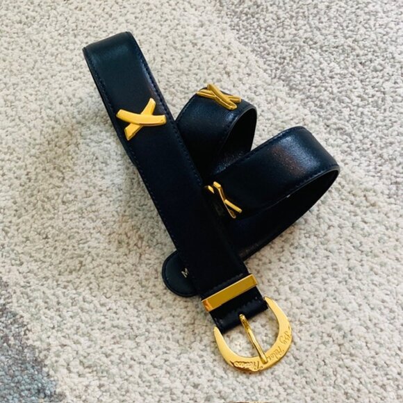 Paloma Picasso Vintage Womens Medium 75 Made in Italy Black Gold Leather Belt - Picture 1 of 16